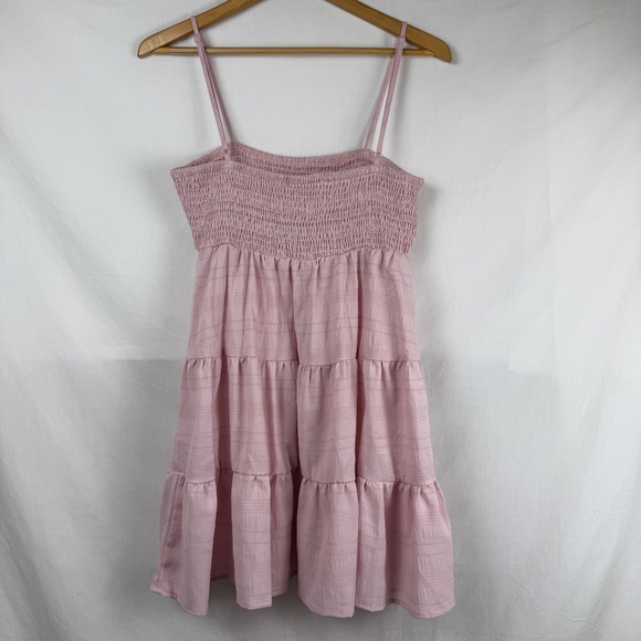 Light Pink Ruched Bodice Baby Doll Mini Dress Spaghetti Straps Swing Size L - Picture 8 of 16